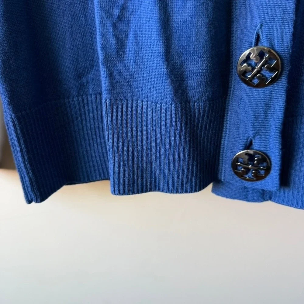 Tory Burch Cardigan Women Large Blue Merino Wool Logo Button V-Neck Sweater